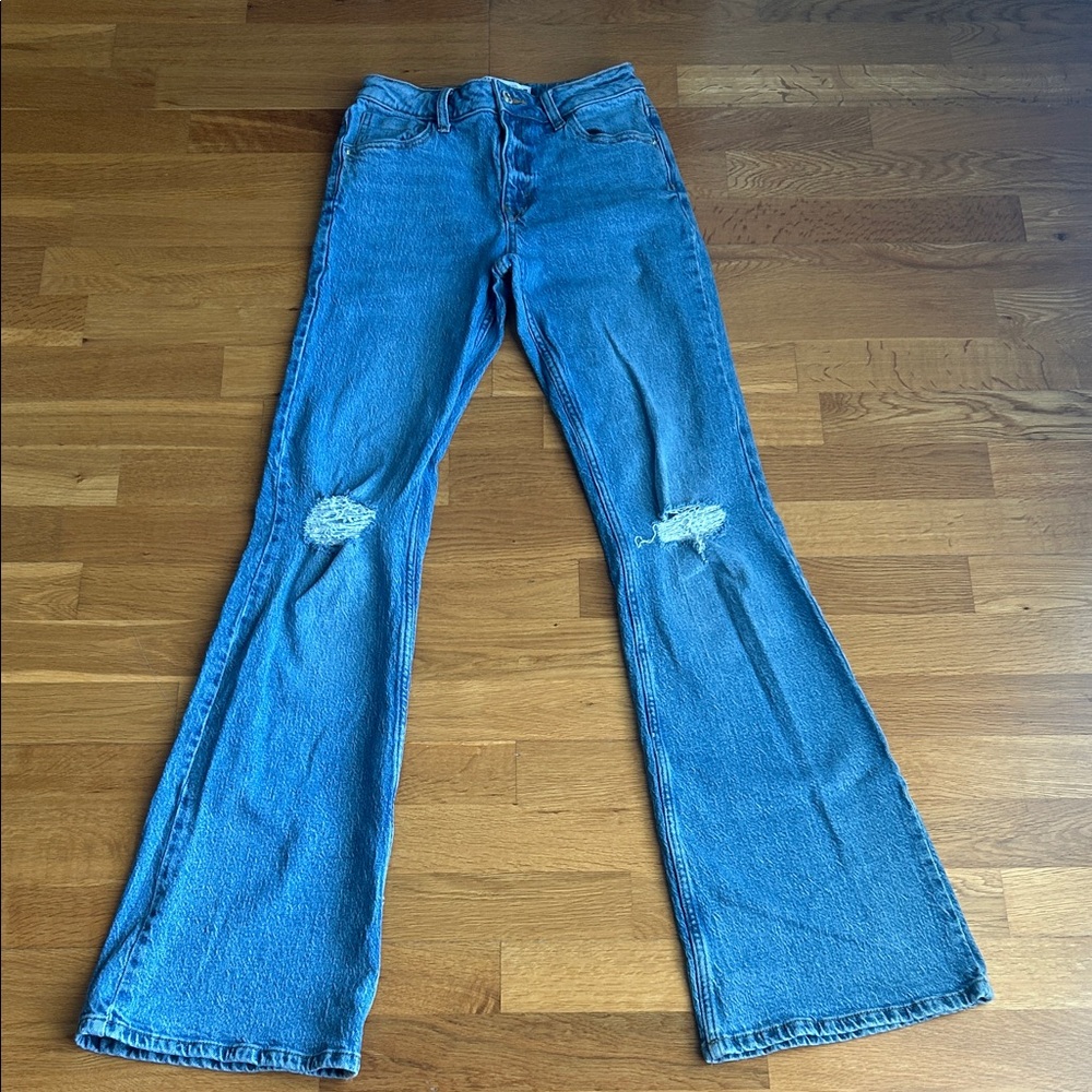 Zara Distressed Blue Flare Jeans